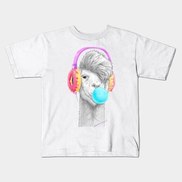 Lama in the headphones of donuts Kids T-Shirt by NikKor